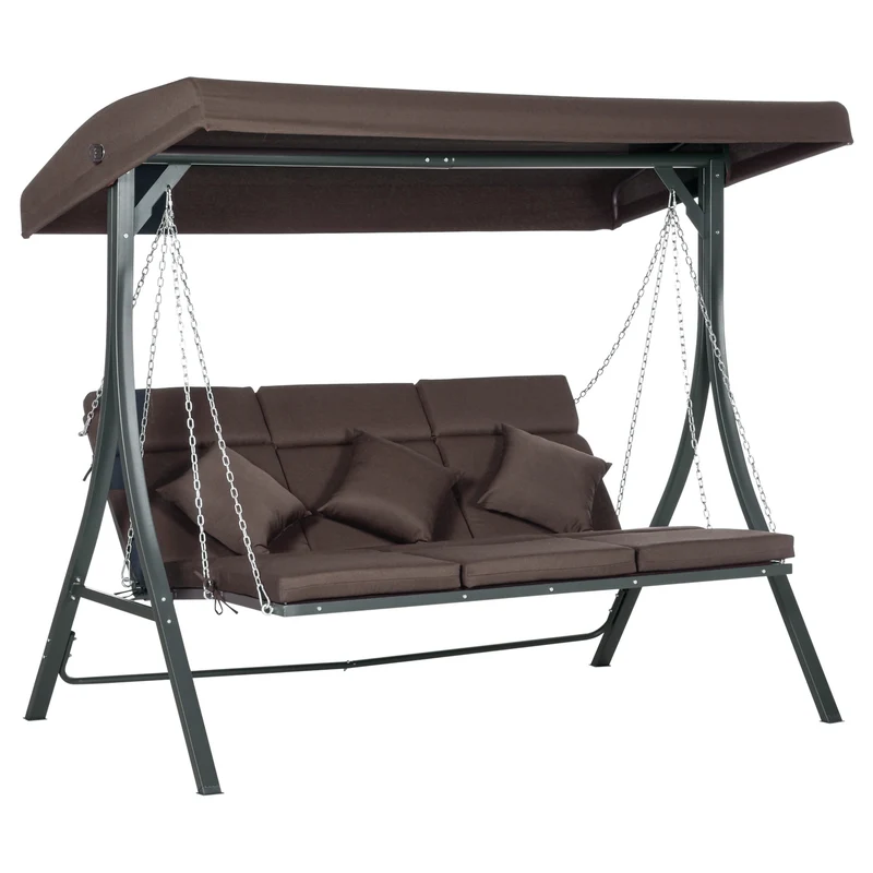 EasyComfort Dondolo da Giardino 3 Posti con Cuscini, Seduta Chaise Longue e Tettuccio, 198x118x168 cm, Marrone