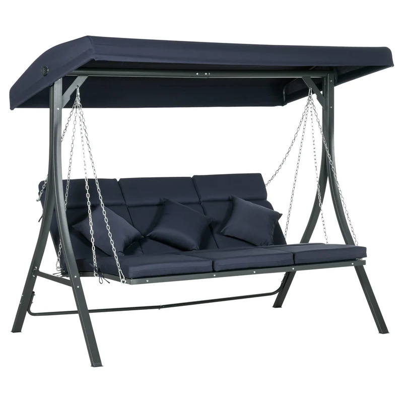 EasyComfort Dondolo da Giardino 3 Posti con Cuscini, Seduta Chaise Longue e Tettuccio, 198x118x168 cm, Blu Scuro