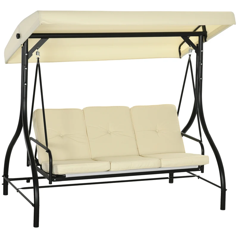 EasyComfort Dondolo da Giardino 3 Posti con Tettuccio Regolabile, in Metallo e tessuto Teslin, Beige e Nero