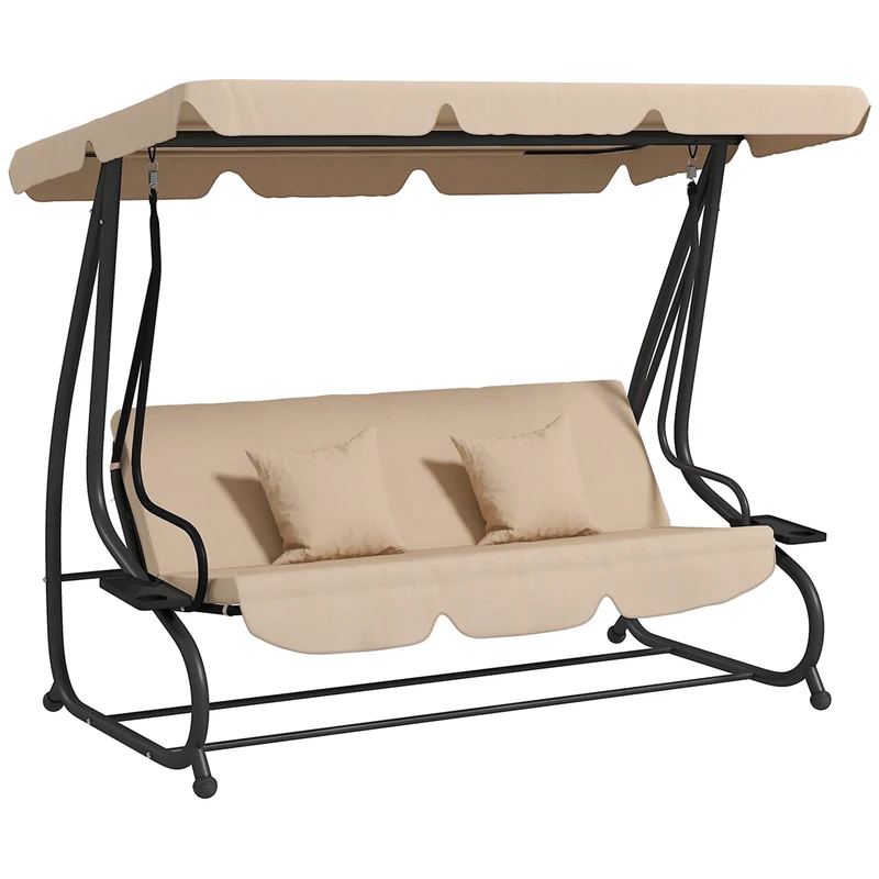 EasyComfort Dondolo Letto da Giardino 3 Posti con Tetto Regolabile e Vassoio, 200x120x164 cm, Marrone Chiaro