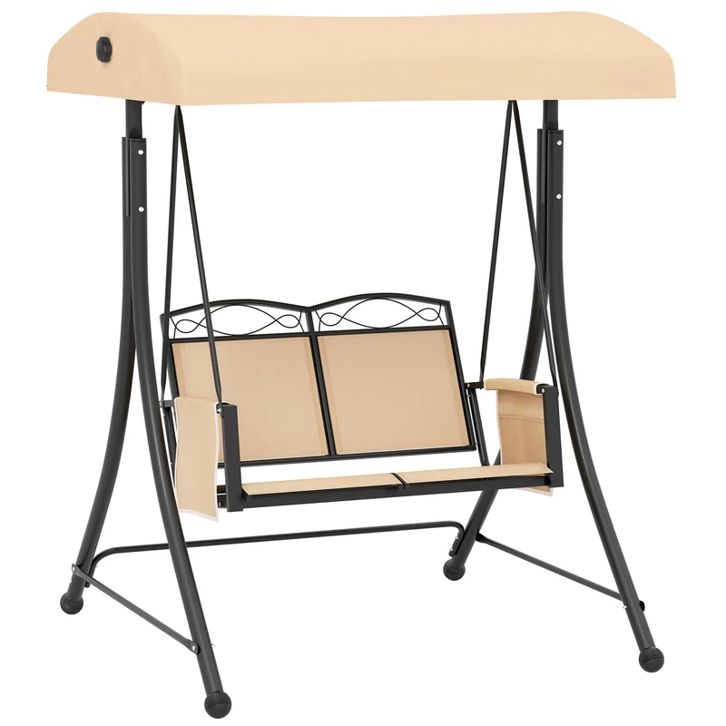 EasyComfort Dondolo da Giardino 2 Posti con Tetto Parasole Regolabile e Tasche Laterali, Beige