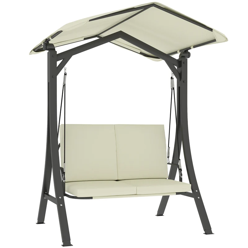 EasyComfort Dondolo da Giardino 2 Posti con Tettuccio Regolabile e Cuscini, 150x120x182 cm, Crema