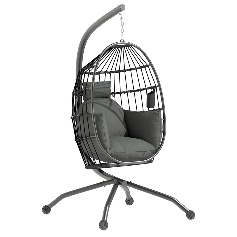 EasyComfort Poltrona Sospesa a Uovo con Gancio Regolabile, 2 Cuscini e Cesto, in Acciaio, 120x88x192 cm, Nero e Grigio