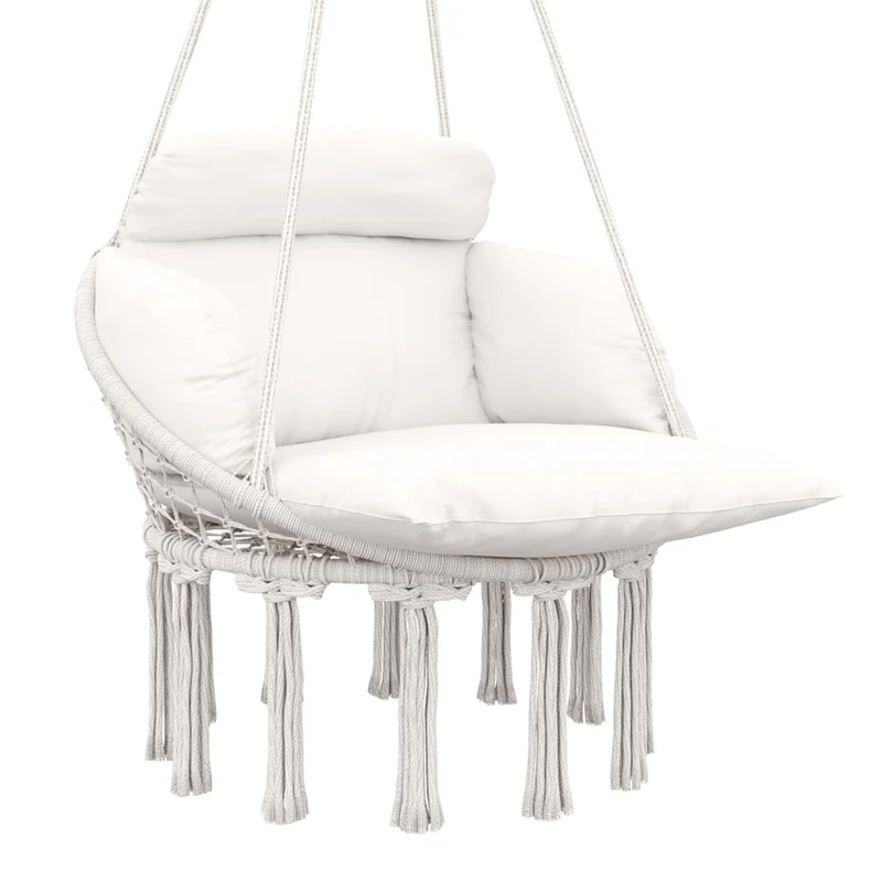 EasyComfort Poltrona Sospesa in Stile Boho con Cuscino, in Acciaio, Cotone e Poliestere, 80x60x40 cm, Bianco Crema