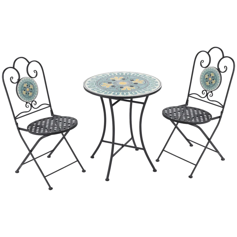 Easycomfort Set da Giardino 3 Pezzi con Mosaico, Tavolino e 2 Sedie Pieghevoli, Verde