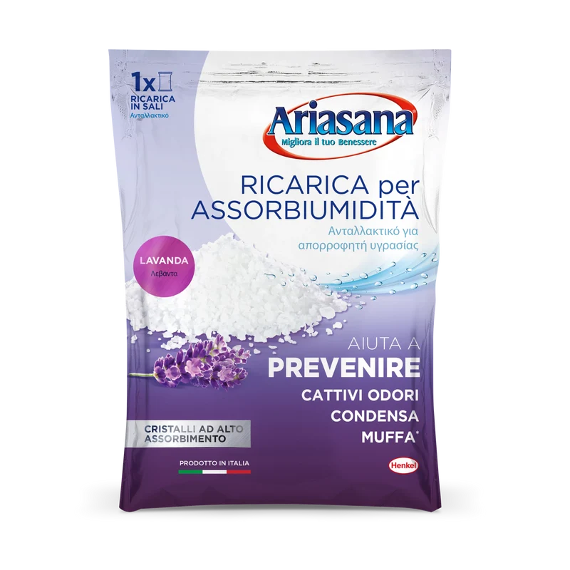Ariasana Ricarica Sali Assorbiumidità 450g Lavanda | Anti-Muffa e Anti-Condensa | Cristalli ad Alto Assorbimento per Ambienti Fino a 2 Mesi