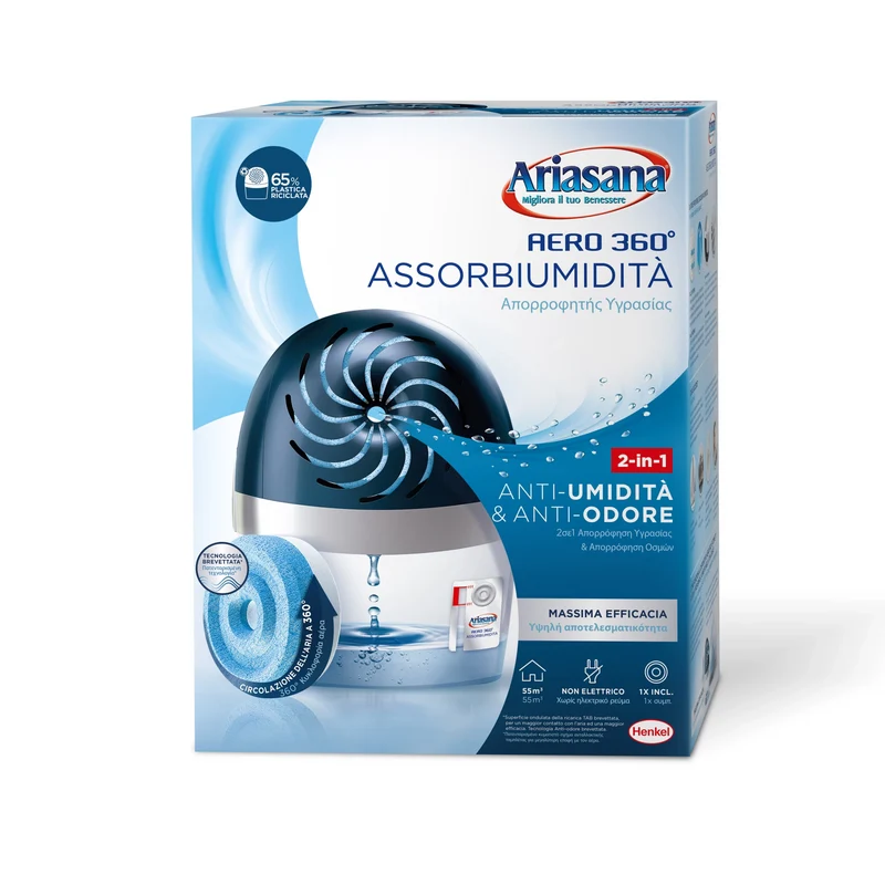 Ariasana Kit Aero 360 Gradi Assorbiumidita 2 in 1 - Anti-Umidita & Anti-Odore, Fino a 55m Cubi, Non Elettrico, Con Ricarica Inclusa