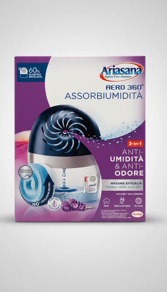 Ariasana Kit Aero 360 Gradi Assorbiumidita Lavanda - Anti-Umidita Anti-Odore, Fino a 55m Cubi, Non Elettrico, Ricarica con Oli Essenziali