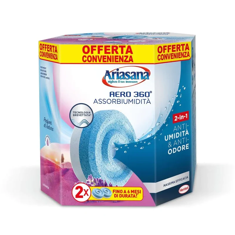 Ariasana Aero 360° Tab Ricarica Universale Lavanda (2x450g) | Anti-Umidità e Anti-Odore 2-in-1 Brevettato | Lunga Durata Fino a 6 Mesi | Per Ambienti Grandi