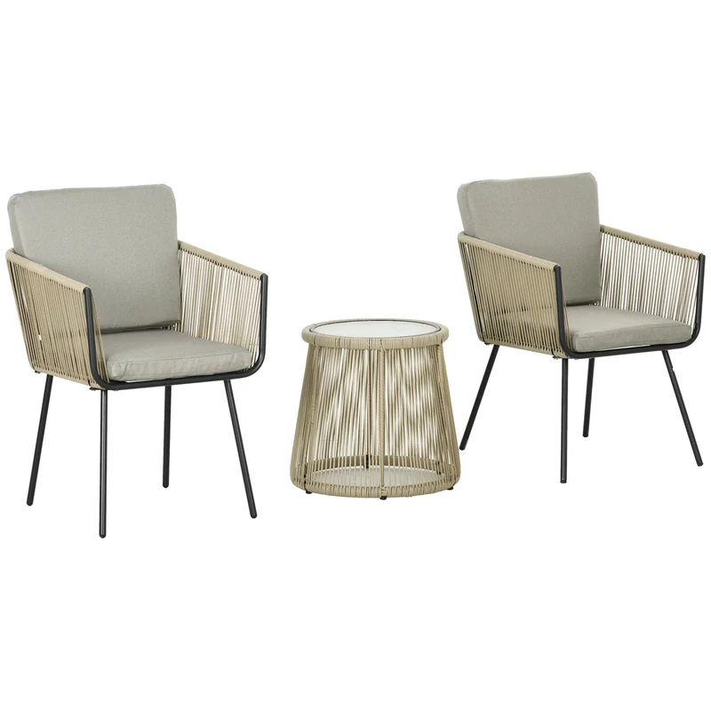 EasyComfort Set da Esterno con Tavolino in Vetro e 2 Sedie da Giardino in Rattan Stile Boho, Caffè