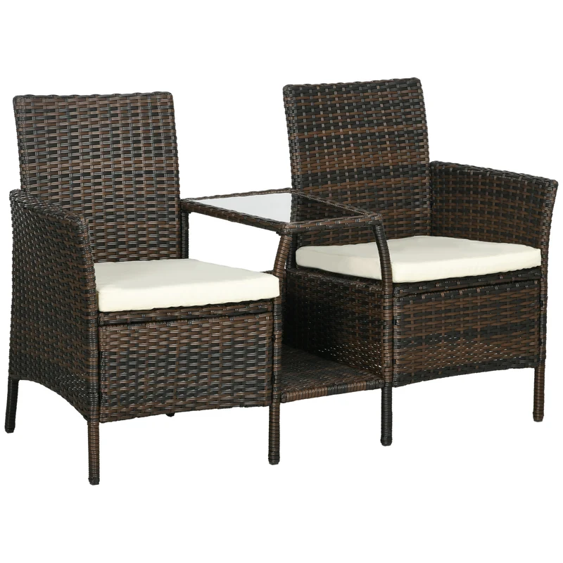 EasyComfort Set da Giardino in Rattan con 2 Sedie Moderne e Tavolino da Caffè, 138x60x87 cm, Marrone