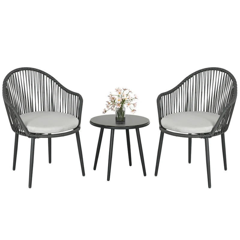 EasyComfort Salotto da Giardino in Rattan con 2 Poltroncine con Cuscini e Tavolino da Caffè in Vetro, Grigio