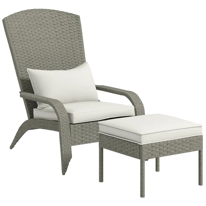 EasyComfort Sedia da Giardino con Poggiapiedi e Cuscini Imbottiti, in Rattan e Acciaio, 64x82x89 cm, Grigio e Crema