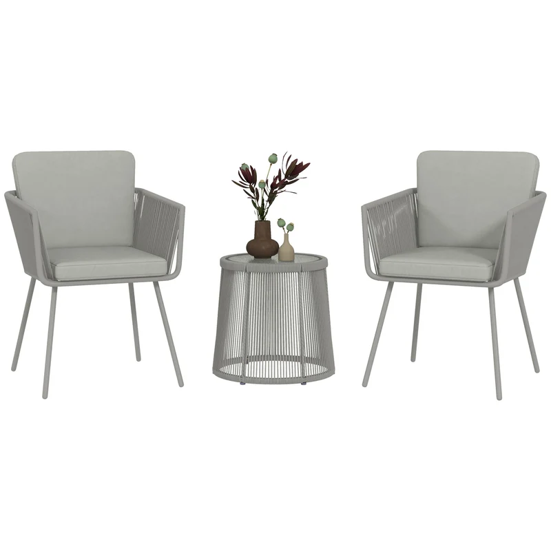 EasyComfort Set da Esterno con Tavolino in Vetro e 2 Sedie da Giardino in Rattan Stile Boho, Grigio Chiaro