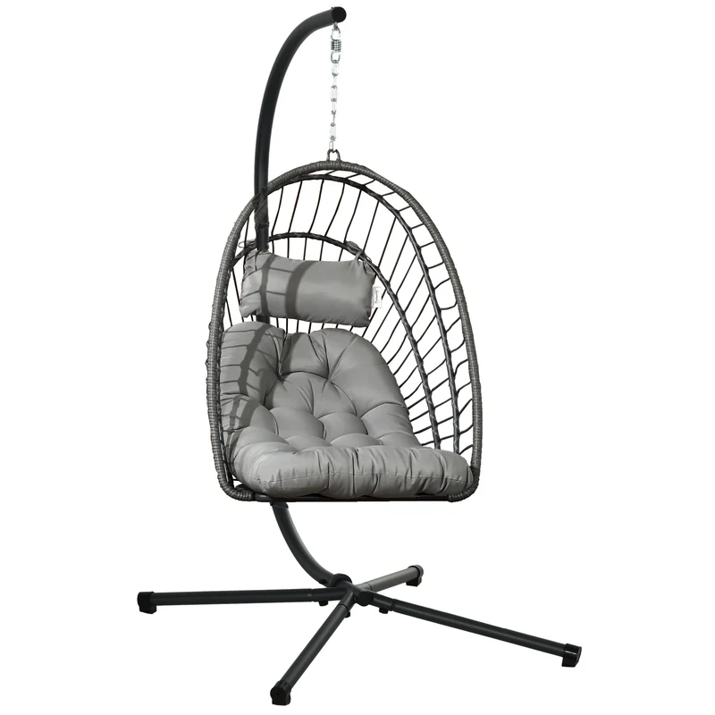 EasyComfort Poltrona Sospesa in Rattan PE con Cuscino, Seduta Pieghevole e Struttura in Acciaio, Grigio