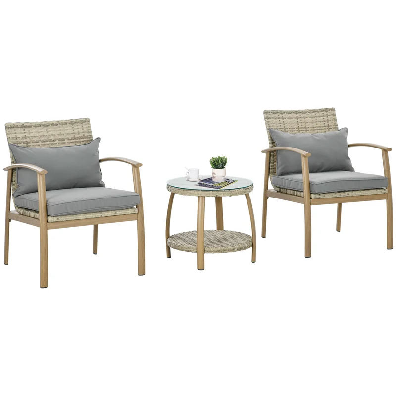 EasyComfort Salotto da Giardino in Rattan con 2 Poltroncine con Cuscini e Tavolino in Vetro, Marrone e Grigio