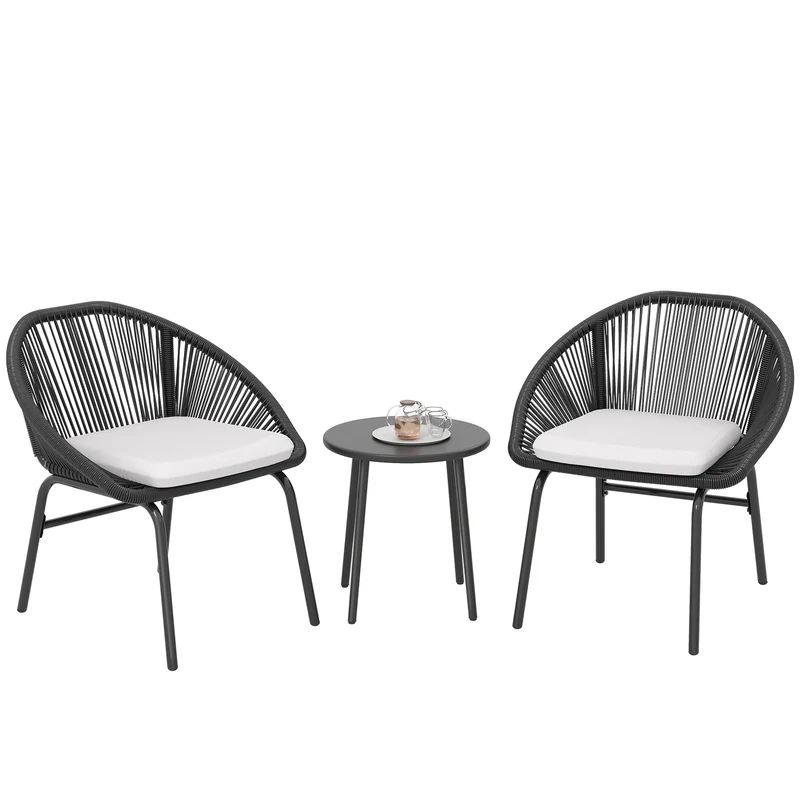 EasyComfort Set da Giardino con 2 Sedie con Cuscino e Tavolino da Caffè in Acciaio e Rattan PE, Nero
