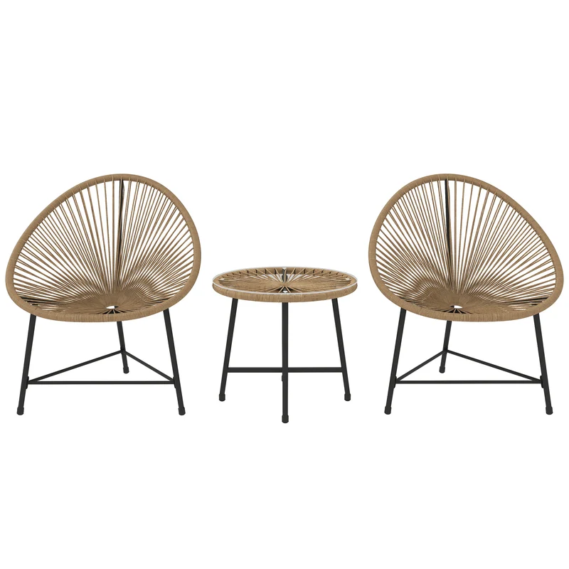 EasyComfort Set da Giardino 3 Pezzi in Rattan PE e Acciaio con 2 Sedie Ovali e Tavolino da Caffè, Nero e color Legno
