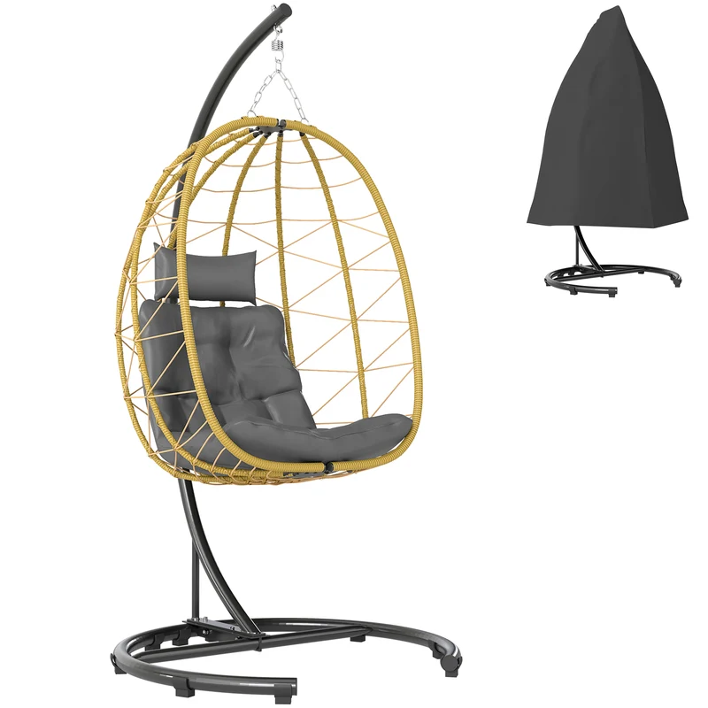 EasyComfort Poltrona Sospesa e Pieghevole con Cuscini, in Acciaio e Rattan PE, 102x102x195 cm, Nera Grigia e Beige