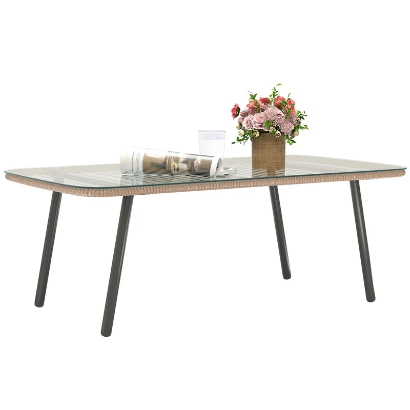 EasyComfort Tavolino da Giardino in Rattan PE con Piano in Vetro e Acciaio, 110x60x40 cm, Legno Naturale