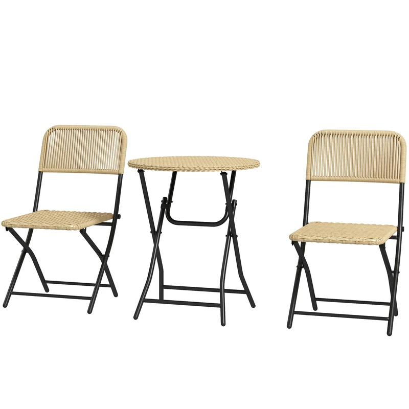 EasyComfort Set da Giardino 3 Pezzi in Rattan e Acciaio, 2 Sedie Pieghevoli e Tavolino da Caffè, Giallo e Nero