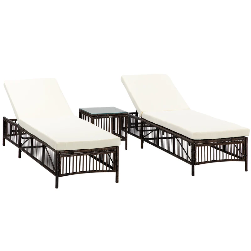 EasyComfort Set 2 Lettini Prendisole con Cuscini Imbottiti e Tavolino in Rattan PE, Marrone e Beige
