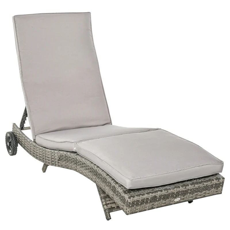 EasyComfort Sdraio da Giardino in Rattan PE con Schienale Regolabile e Cuscino, 207x70x70cm, Grigio