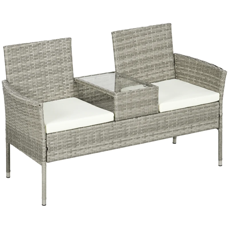 EasyComfort Divanetto per Esterni 2 Posti con Tavolino da Caffè, in Acciaio e Rattan PE, 137x59x82 cm, Grigio e Crema