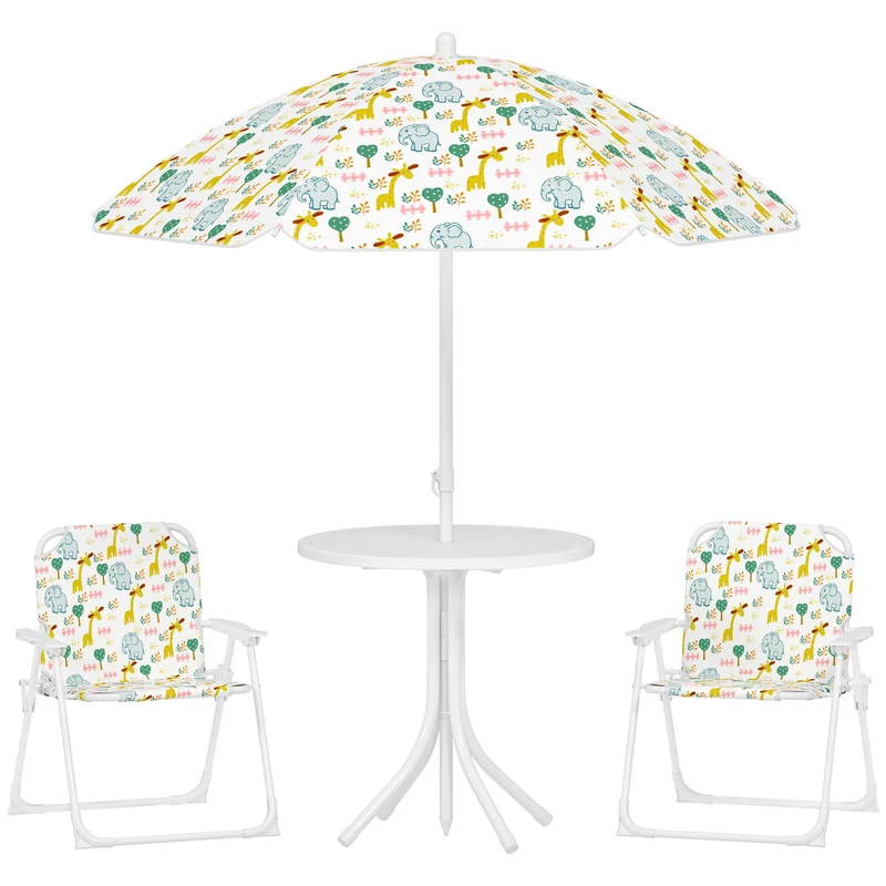 EasyComfort Set da Giardino per Bambini 2-5 Anni con Tavolino Rotondo, 2 Sedie Pieghevoli e un Ombrellone, Bianco