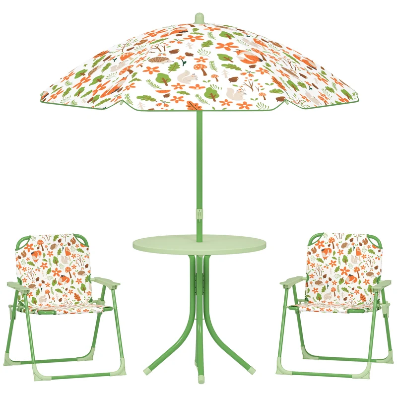 EasyComfort Set da Giardino per Bambini 2-5 Anni con Tavolino Rotondo, 2 Sedie Pieghevoli e un Ombrellone, Verde