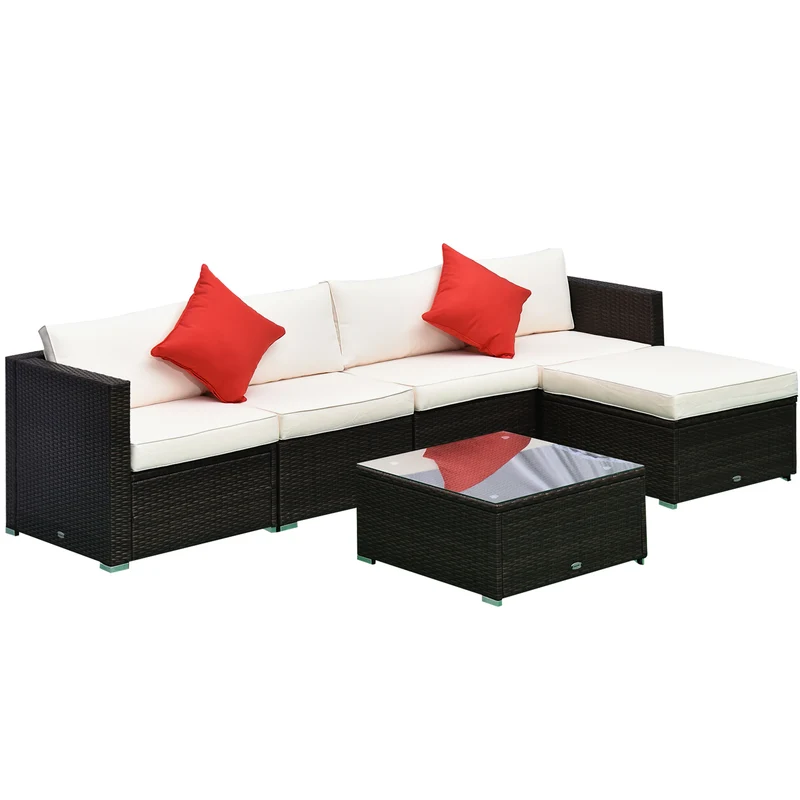 EasyComfort Set Mobili da Giardino in Rattan PE 4 Poltrone 1 Pouf 1 Tavolino in Vetro Temperato 2 Cuscini