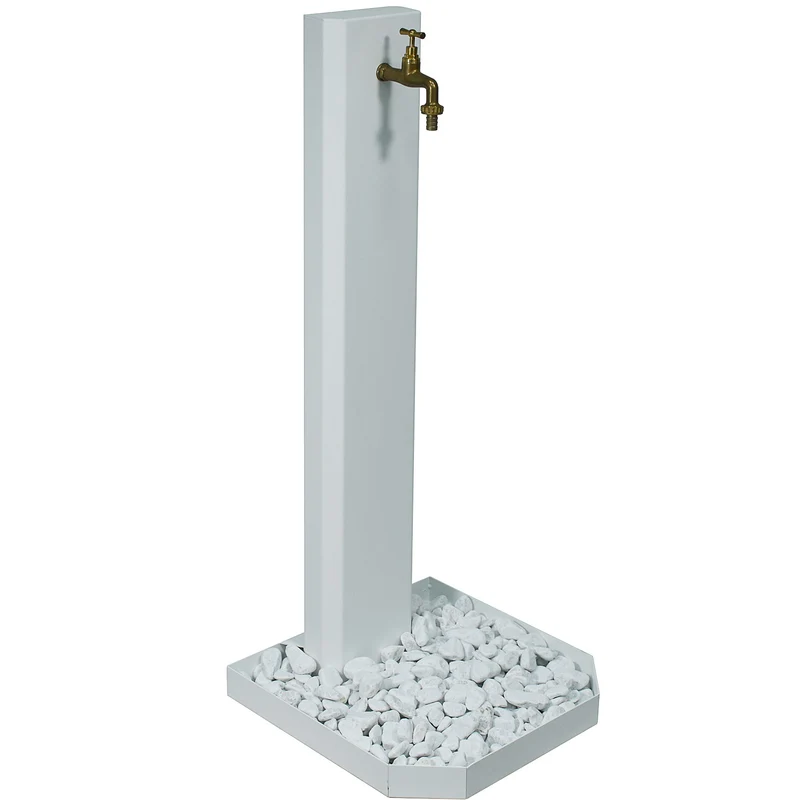 Fontana da Giardino con Rubinetto in Ottone e Base con Ciottoli 40x40x100 cm in Acciaio Bianco