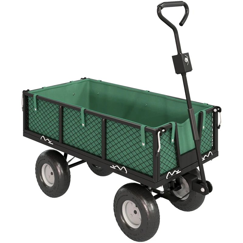 Carrello da Giardino 105x51x54 cm Capienza da 114L con Sacca Portaoggetti e Pareti Rimovibili in Acciaio Verde