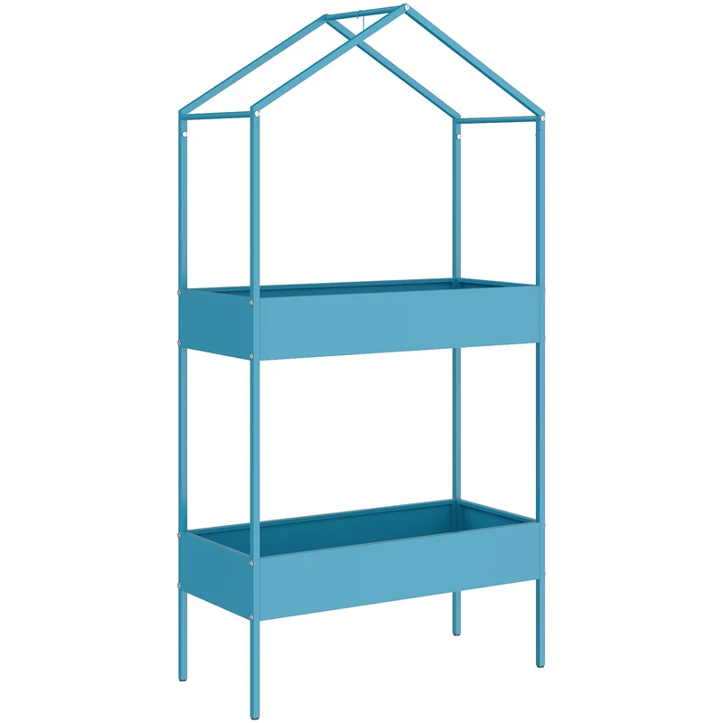 Portavasi a 2 Livelli 75x35x150 cm a Forma di Casetta con Gancio in Metallo Blu Verde