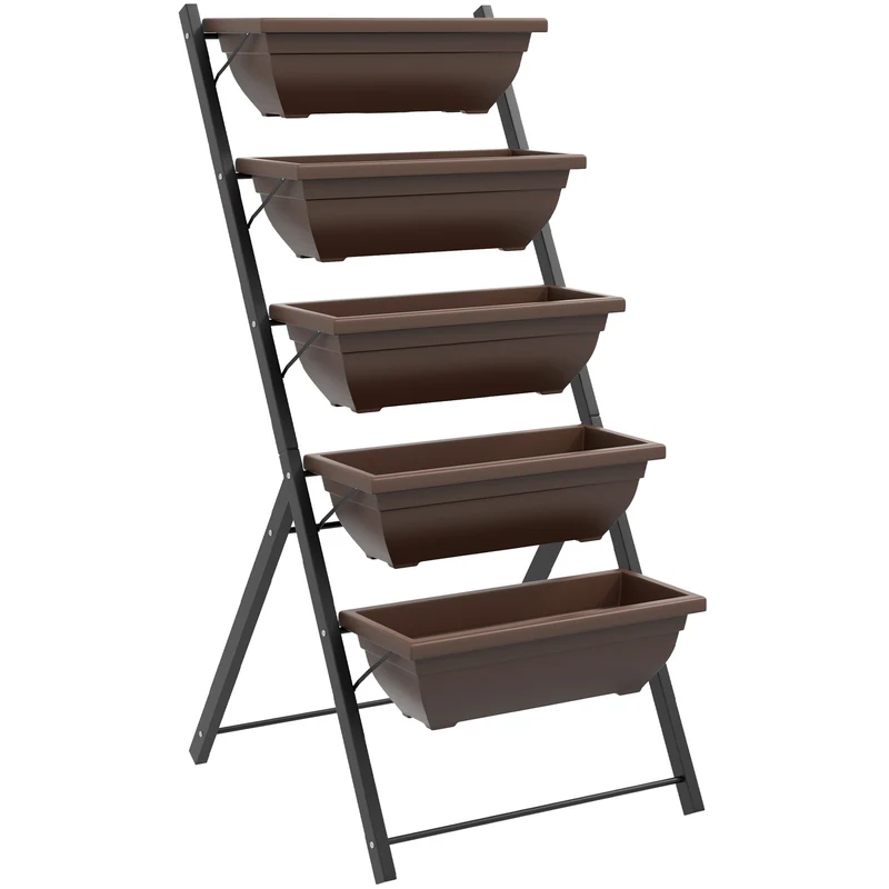 Portapiante Verticale a 5 Livelli 55x63x120 cm con 5 Vasi con Fori di Drenaggio in Acciaio e PE Marrone