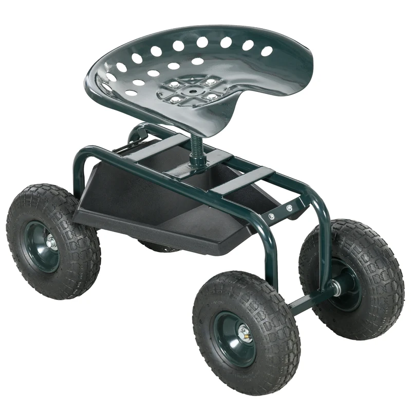 Carrello da Giardino 83x36.5x45-60 cm con Sedile Regolabile e Vassoio Inferiore in Acciaio e PP Verde Scuro