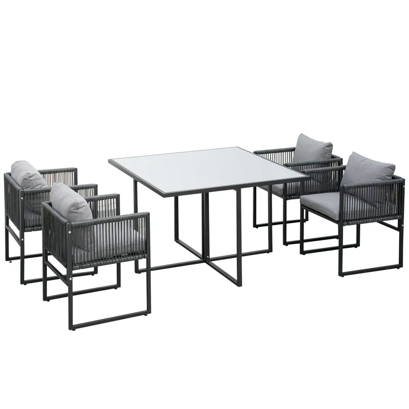 Easycomfort Set da Giardino 5 Pezzi in Rattan, 4 Sedie da Giardino e Tavolo da Pranzo con Piano in Vetro
