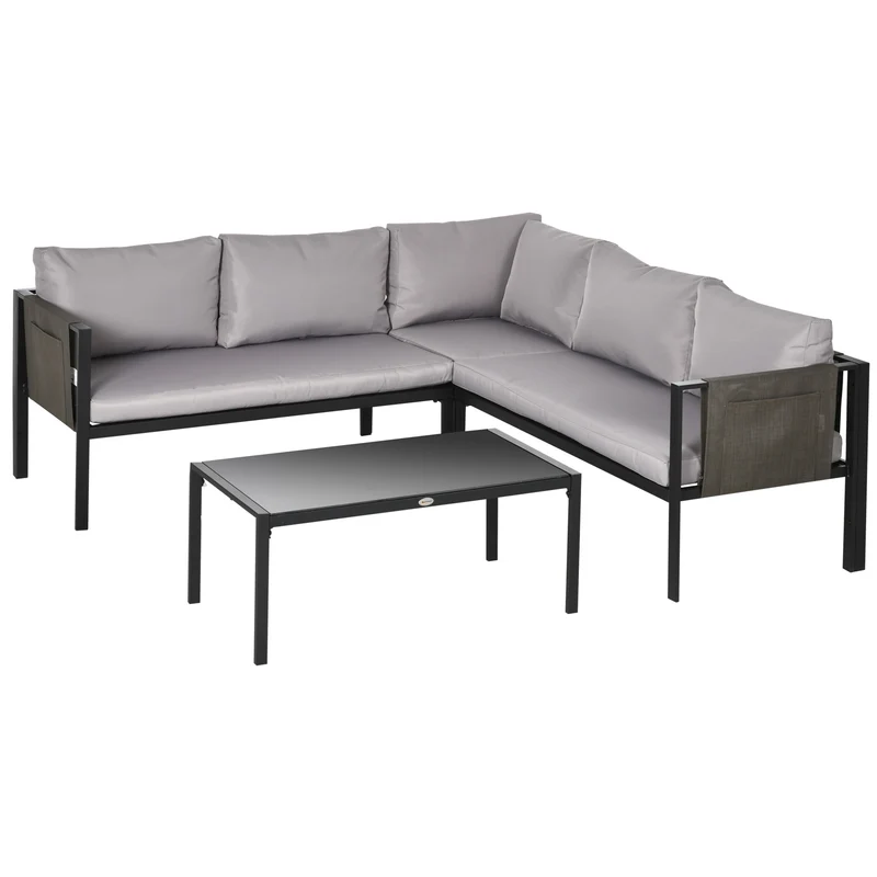 Easycomfort Set da Giardino 4 Pezzi con 2 Divanetti, Poltrona Angolare e Tavolino da Caffè in Vetro Temperato