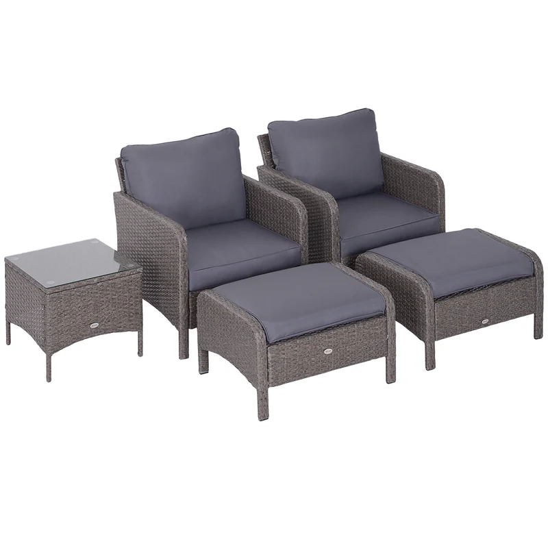 Easycomfort Set Mobili da Giardino 2 Poltrone 2 Poggiapiedi 1 Tavolino in Vetro Temperato Rattan Grigio