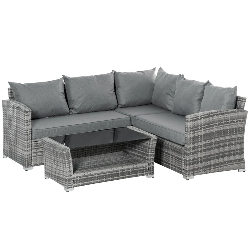 Easycomfort Set Mobili da Giardino in Rattan PE da 4 Pezzi, Salotto con Divano Angolare e Tavolino con Vetro, Cuscini Imbottiti e Sfoderabili, Grigio
