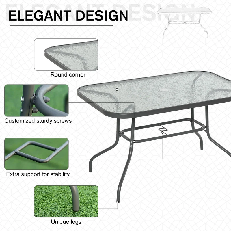 Easycomfort Tavolo da Giardino con Foro per Ombrellone, Arredamento da Esterno in Metallo e Vetro 120x80x70cm Grigio