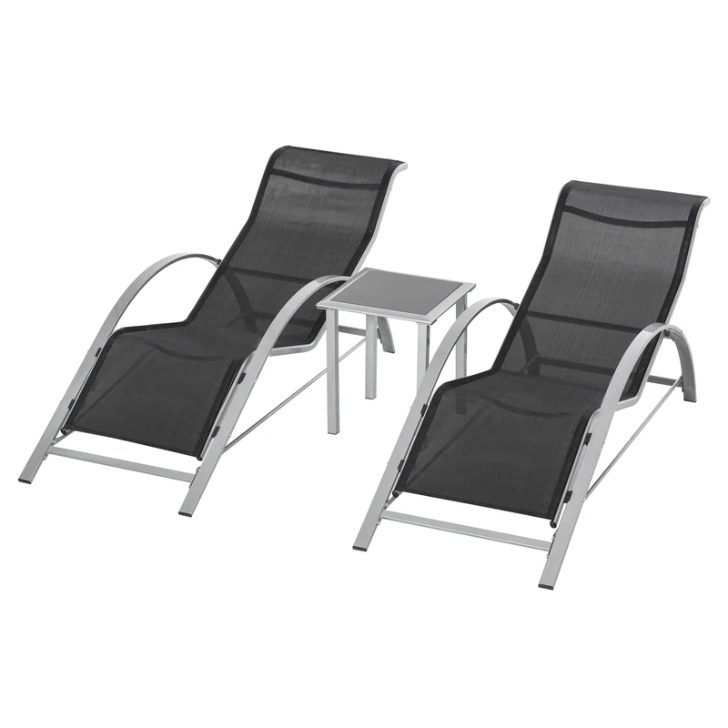 Easycomfort Set 2 Sdraio da Giardino e Tavolino con Vetro, Lettino Prendisole con Tessuto Traspirante 59 x 169 x 66cm, Nero Grigio