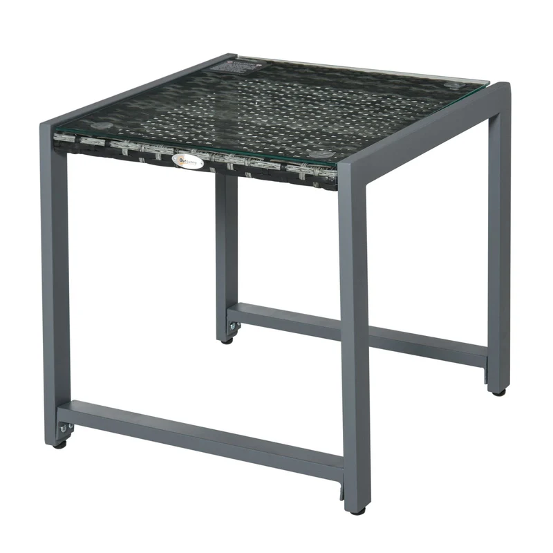Easycomfort Tavolino da Caffè da Giardino Piano in Vetro Temperato in Rattan Alluminio 50 x 49,5 x 50 cm