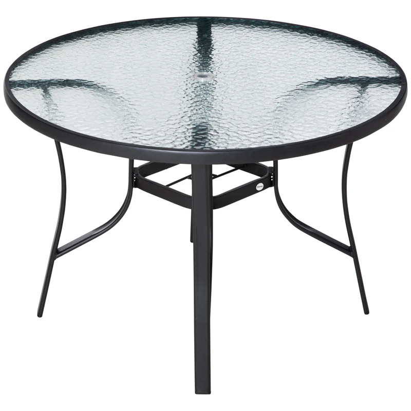 Easycomfort Tavolo da Giardino Rotondo con Foro per Ombrellone in Acciaio e Vetro, Ф106.5x71cm, Nero