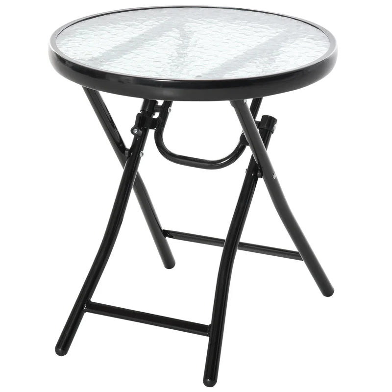 Easycomfort Tavolo da Giardino Pieghevole in Metallo, Tavolino da Giardino Piccolo con Ripiano in Vetro e Blocco di Sicurezza, Φ45x50cm Nero