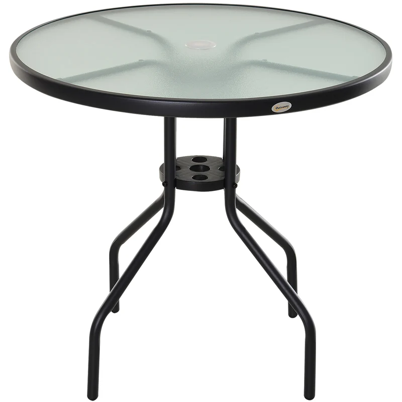 Easycomfort Tavolino da Giardino con Piano in Vetro Temperato e Foro per Ombrellone Acciaio Ф80 x 72 cm Nero