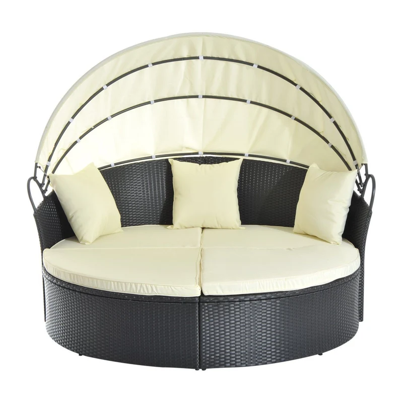 Easycomfort Divano da Giardino in Rattan Modulabile con Tenda Parasole, Lettino, Poggiapiedi e Cuscini, Crema e Nero