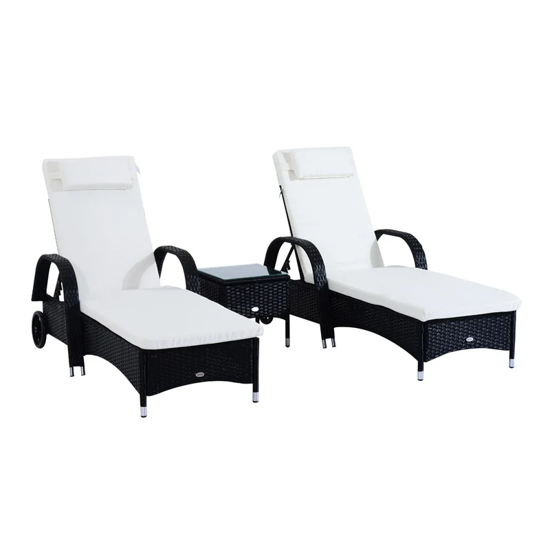 EasyComfort Set Mobili da Giardino 2 Sedie a Sdraio e Tavolino 3pz Lettino Prendisole Rotelle Reclinabile Rattan Nero