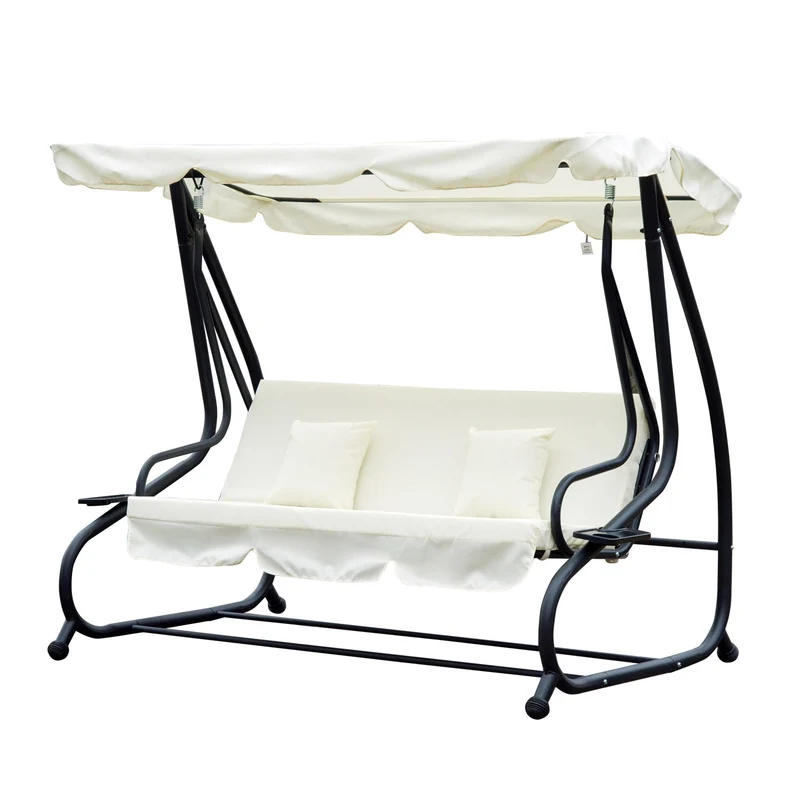 EasyComfort Dondolo da Giardino 3 Posti, Convertibile in Letto a Dondolo con Tetto Regolabile, 2 Portabicchieri, Crema, 200×120×164cm
