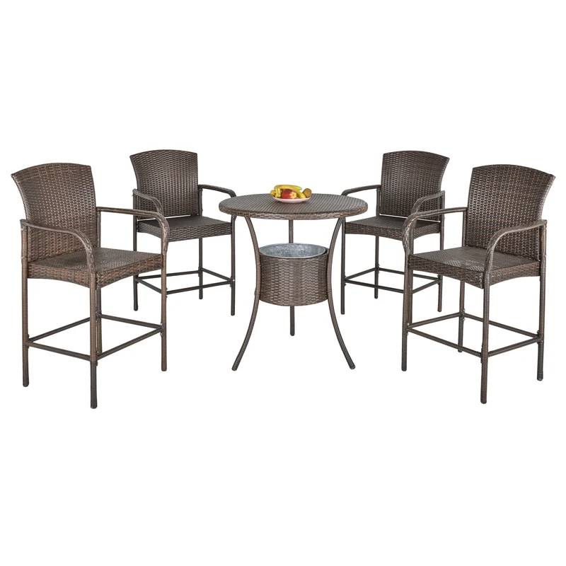 Easycomfort Set 5 Pezzi Tavolino con 4 Sedie da Giardino Alte in Rattan Sintetico con Secchiello per Ghiaccio, Marrone